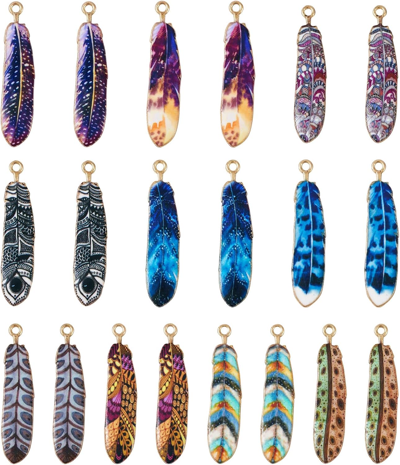 FASHEWELRY Printed Alloy Feather Charms Pendants Mixed Color Feather Rack Plating Alloy Pendants Animals Wings Plumage Charms Metal Collection for DIY Necklace Bracelet Jewelry Making