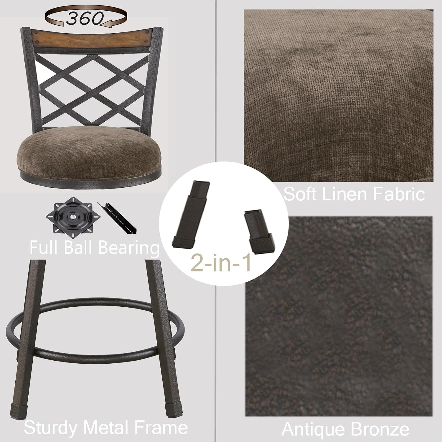 2-in-1 Swivel Bar Stools with Back Set of 2, Adjustable 25"/30" Height Counter Stools, Industrial Farmhouse Metal & Wood Bar Chairs for Kitchen Island, Pub, Vintage Rustic Taupe Fabric