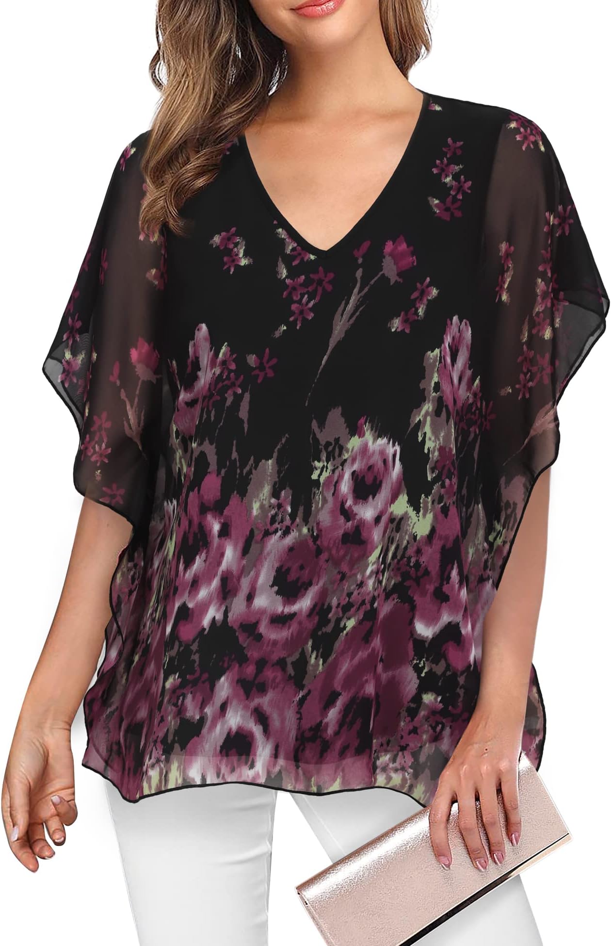 Women's Loose Flouncing Flutter Sleeve Double-Layered Shirt Chiffon Elegant Dressy Blouse Work Tops