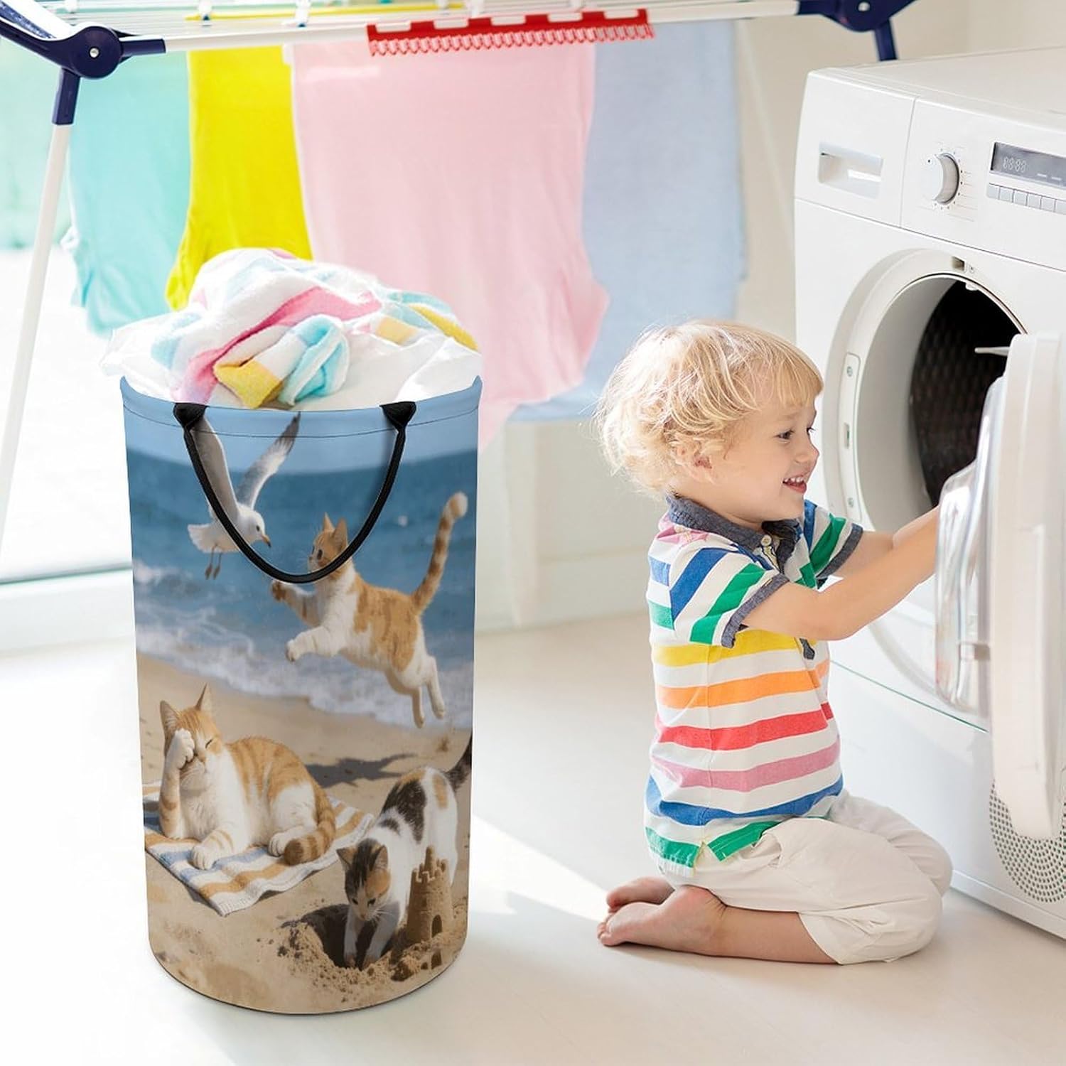 Beach Cat Fun Laundry Hamper 86L Waterproof Collapsible Clothes Basket with Double Handles Freestanding Foldable Laundry Basket Large Clothes Hamper for Bathroom