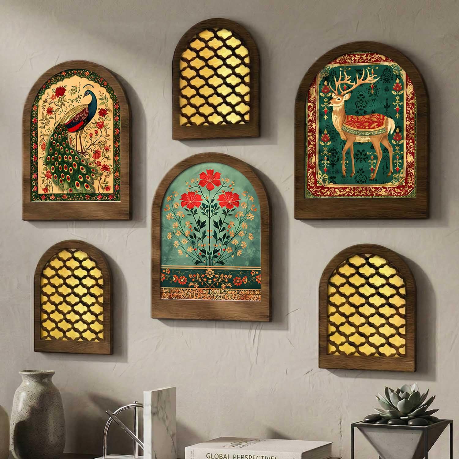 Jharokha MDF Mirrors Home Decoration Items | Traditional Wall Decor Items for Living Room | Mirror Wall Hanging | Home Decor Items for Bedroom Office Set of 6 (9x12 inch & 7.5x9.5 inch)-picture-28