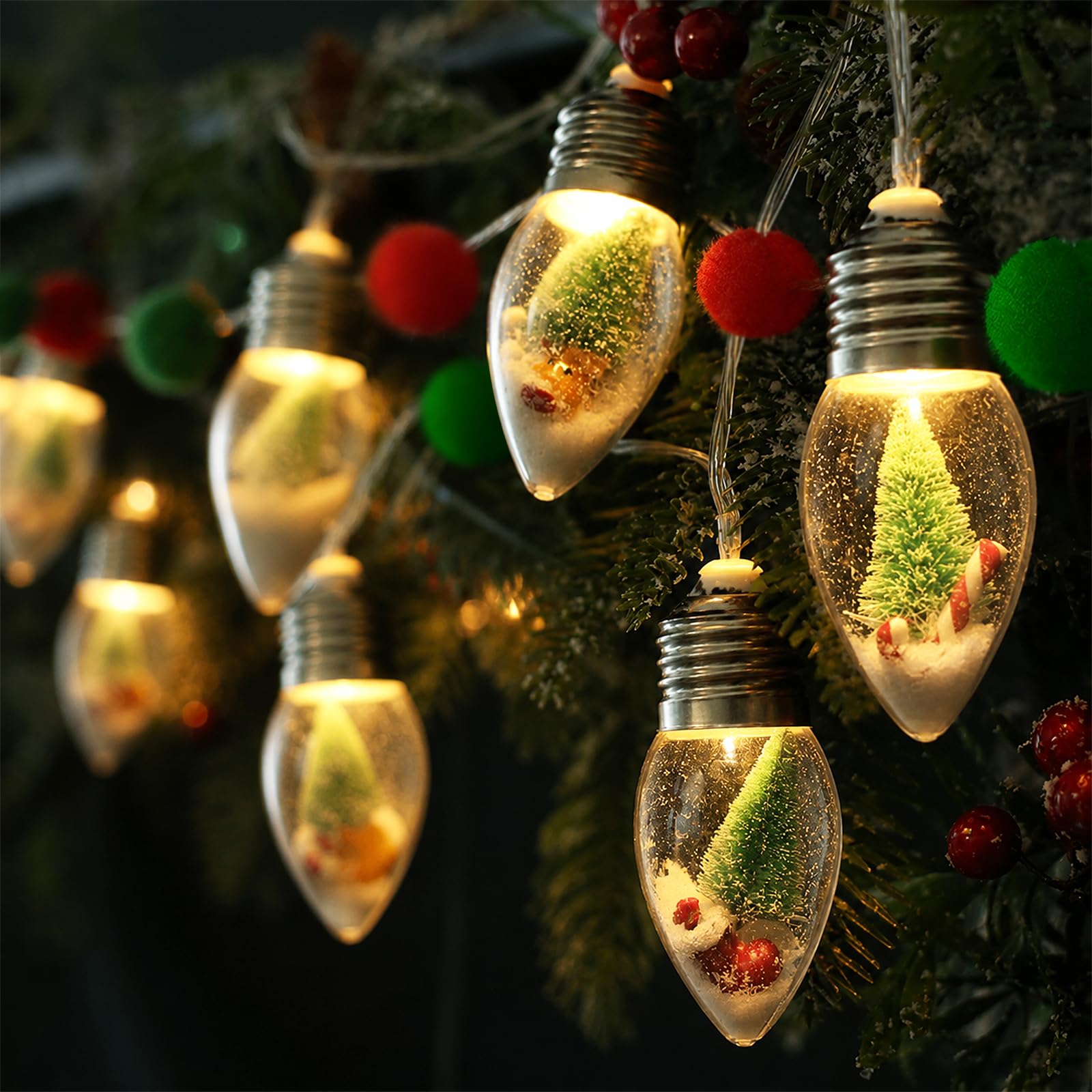 JUSTOTRY 2PC 6.6ft Christmas Lights for Indoor Bedroom Decorations - 10 LED Globe Bulbs String Light with Tree & Snow & Cute Ornaments for Home Patio Decor Fireplace Xmas Tree Decoration