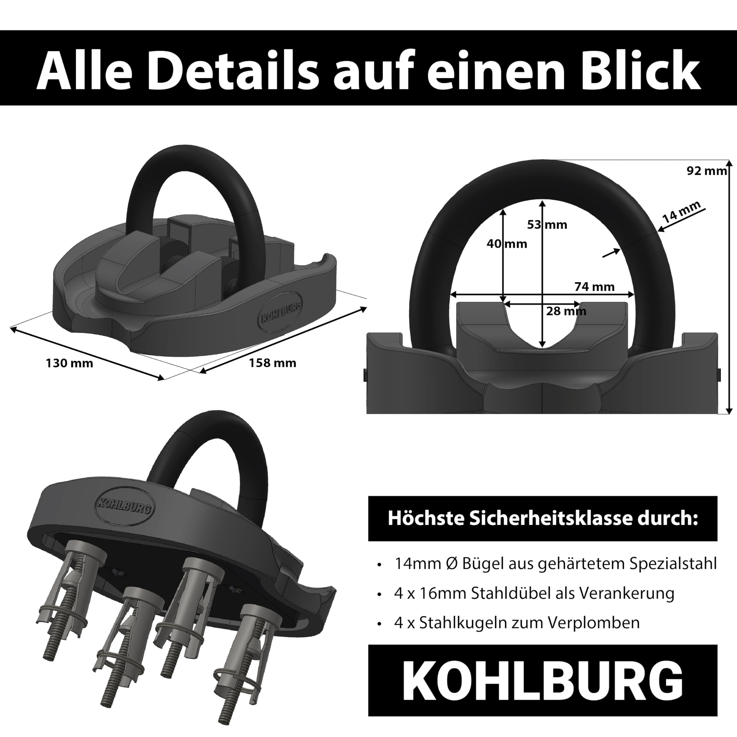 KOHLBURG Sicherheits- Bodenanker & Wandanker mit höchster Sicherheitsstufe 15 – Anker für Motorrad Scooter E-Bike & Fahrrad mit 14mm Spezialstahl Bügel – Fahrradschloss Wand & Boden in Keller & Garage