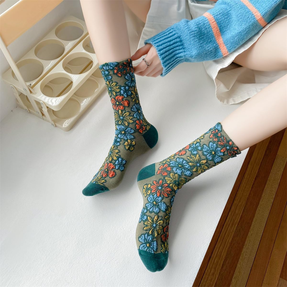 Vintage Embroidered Floral Socks for Women, Combed Cotton Crew Socks - Image 7
