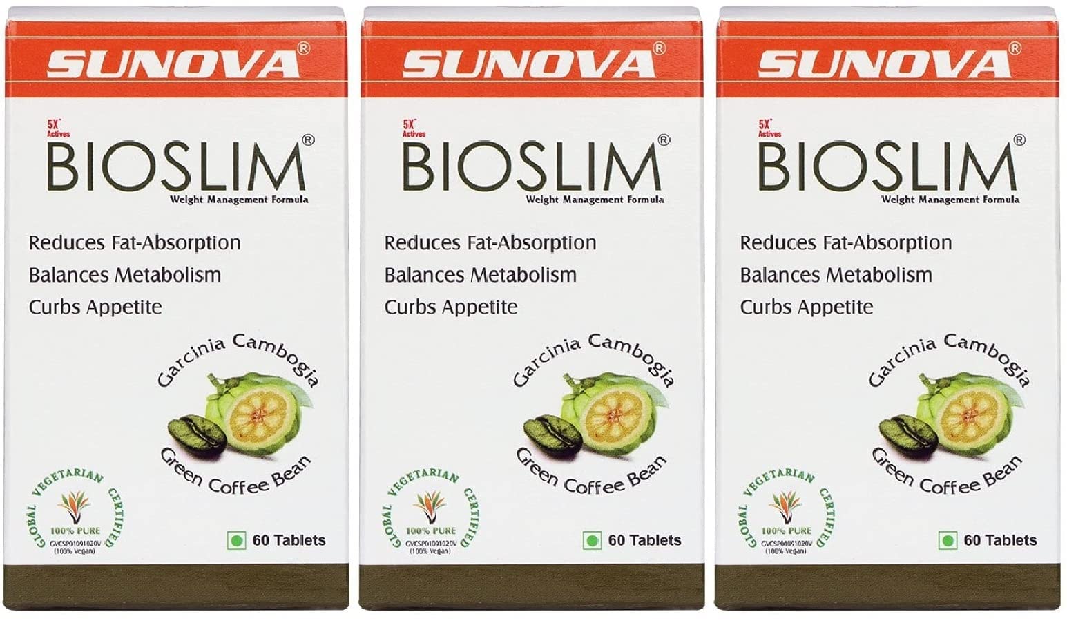 SUNOVA Bioslim Fat Burner Tablets Organic Weight Management Formula Made Of Garcinia Cambogia And Green Coffee Bean Extracts Reduce Fat-Absorption & Balances Metabolism 60 Tablets X Pack Of 3