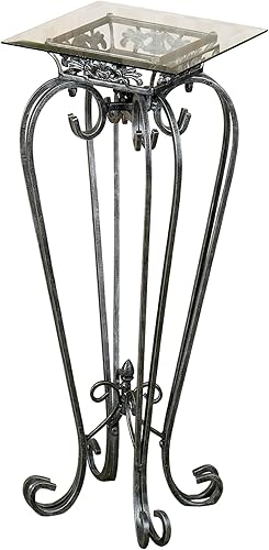 Miniatura 6 de Touch of Class Mesa pedestal de metal calcedonia con desplazamiento – Vidrio biselado – Oro antiguo – Hecho de hierro – Parte superior cuadrada –