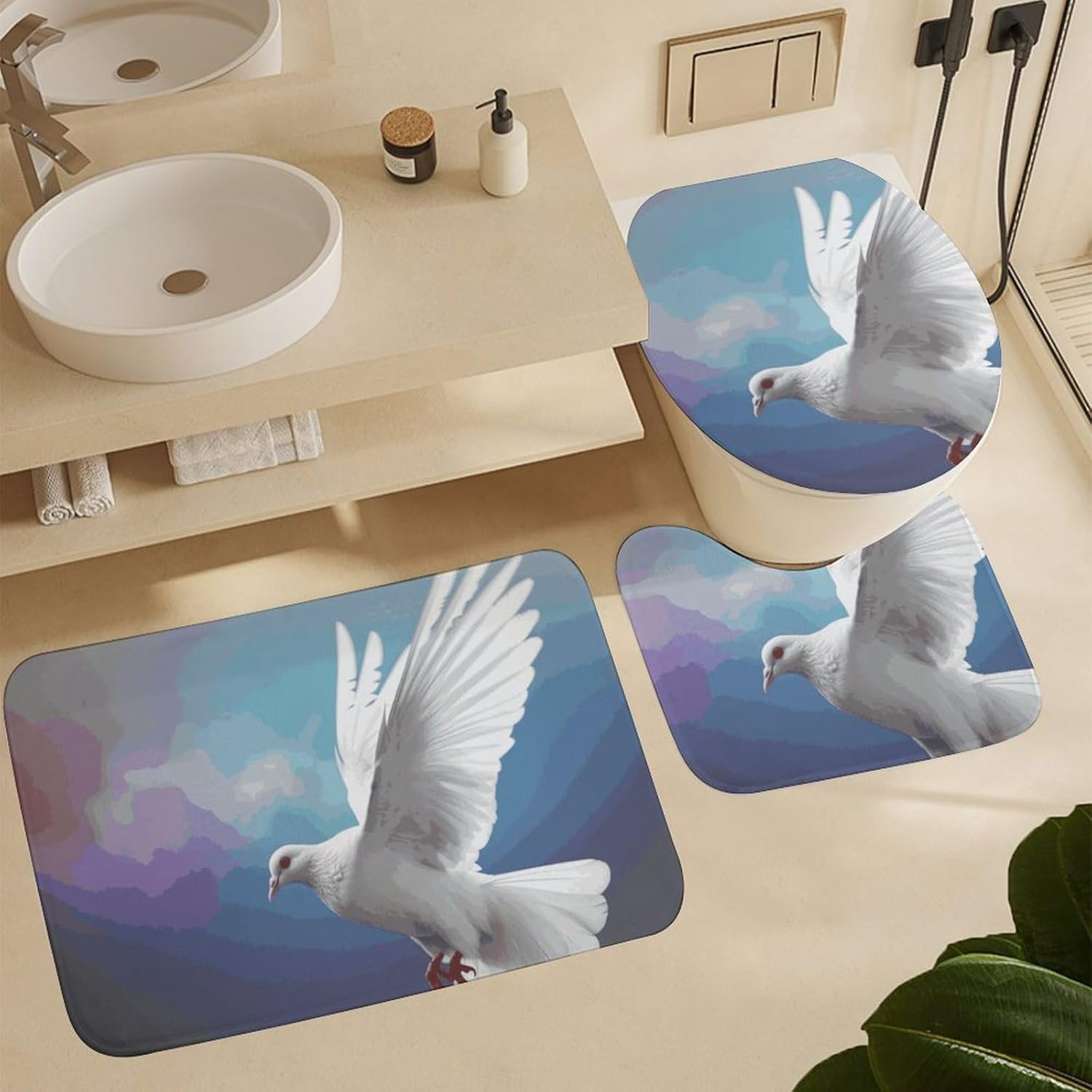4 Piece Bathroom Rug Set with Shower Curtain, Non-Slip Bath Mat Toilet Cover Set, Peace Dove Bathroom Rug Sets