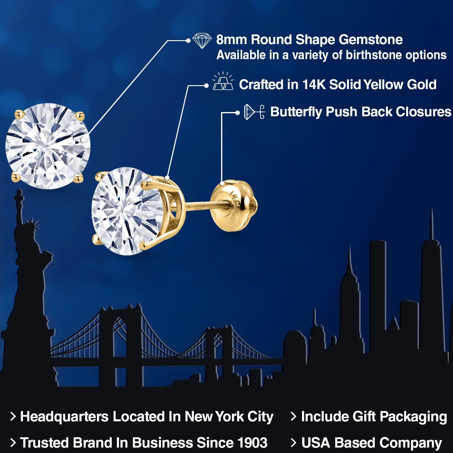 Gem Stone King 14K Yellow Gold White Moissanite Stud Earrings for Women | 3.80 Cttw | Gemstone Birthstone | Round 8MM - Image 2