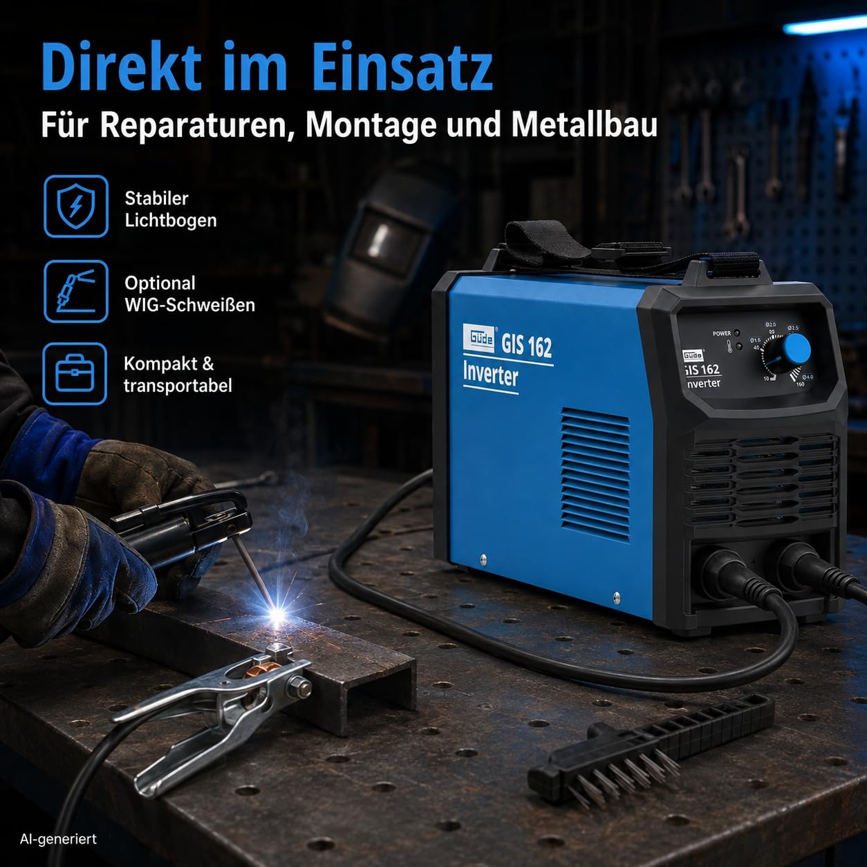 Güde Spawarka inwerterowa GIS 162 (230 V, moc biegu jałowego 15,5 W, maks. moc sieciowa 5,0 kVA, zakres regulacji prądu spawania 10-160 A, w zestawie uchwyt elektrody, zacisk masowy, młotek żużlowy i