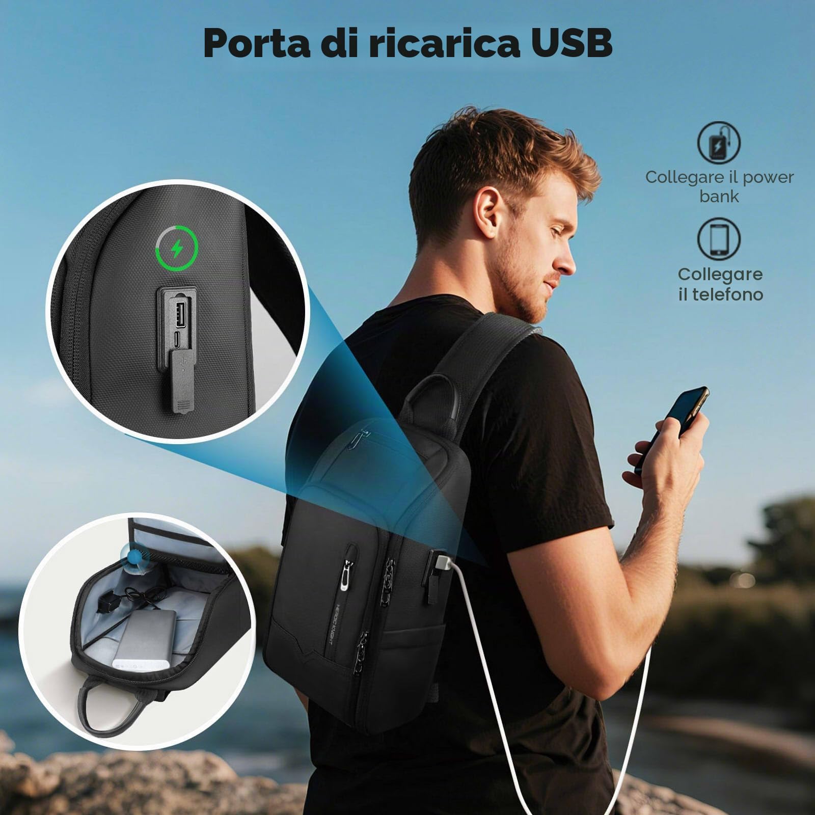 Borsa a Tracolla da Uomo con Porta di Ricarica USB Antifurto e Impermeabile Marsupio Zaino a Tracolla con Tasche Multiple per Viaggi Lavoro e Uso Quotidiano - Nero