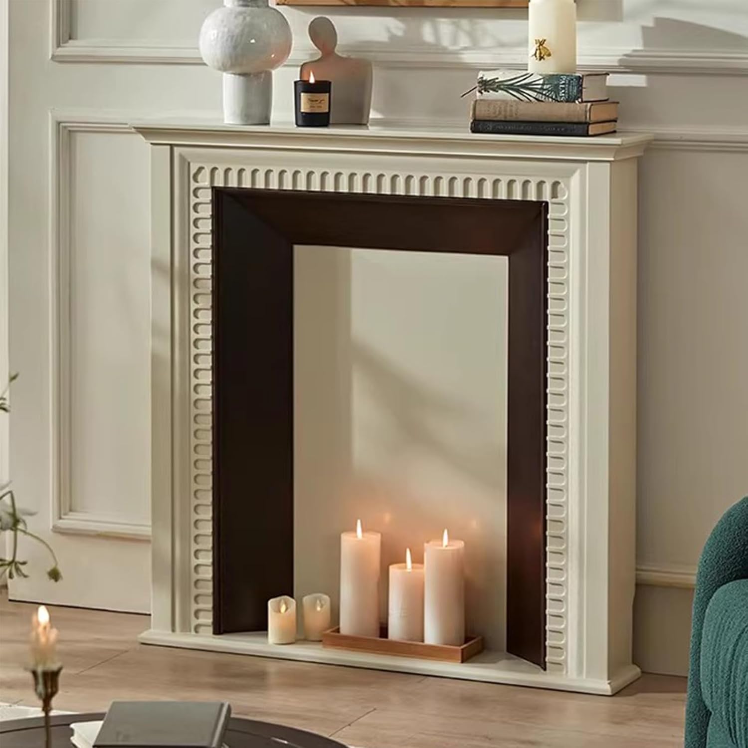 Electric Fireplace Stove Mantel Traditional Solid Wood Fireplace Mantel Two-Tone Cream and Dark Decorative Surround