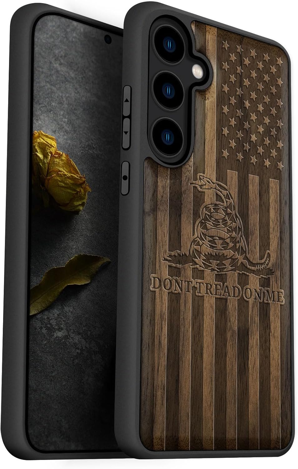 Carveit Wood Case for Galaxy S24 Case [Natural Wood & Black Soft TPU] Shockproof Protective Cover Unique Wooden Design Compatible with Samsung S24 (Gadsden and American Flag-Walnut)