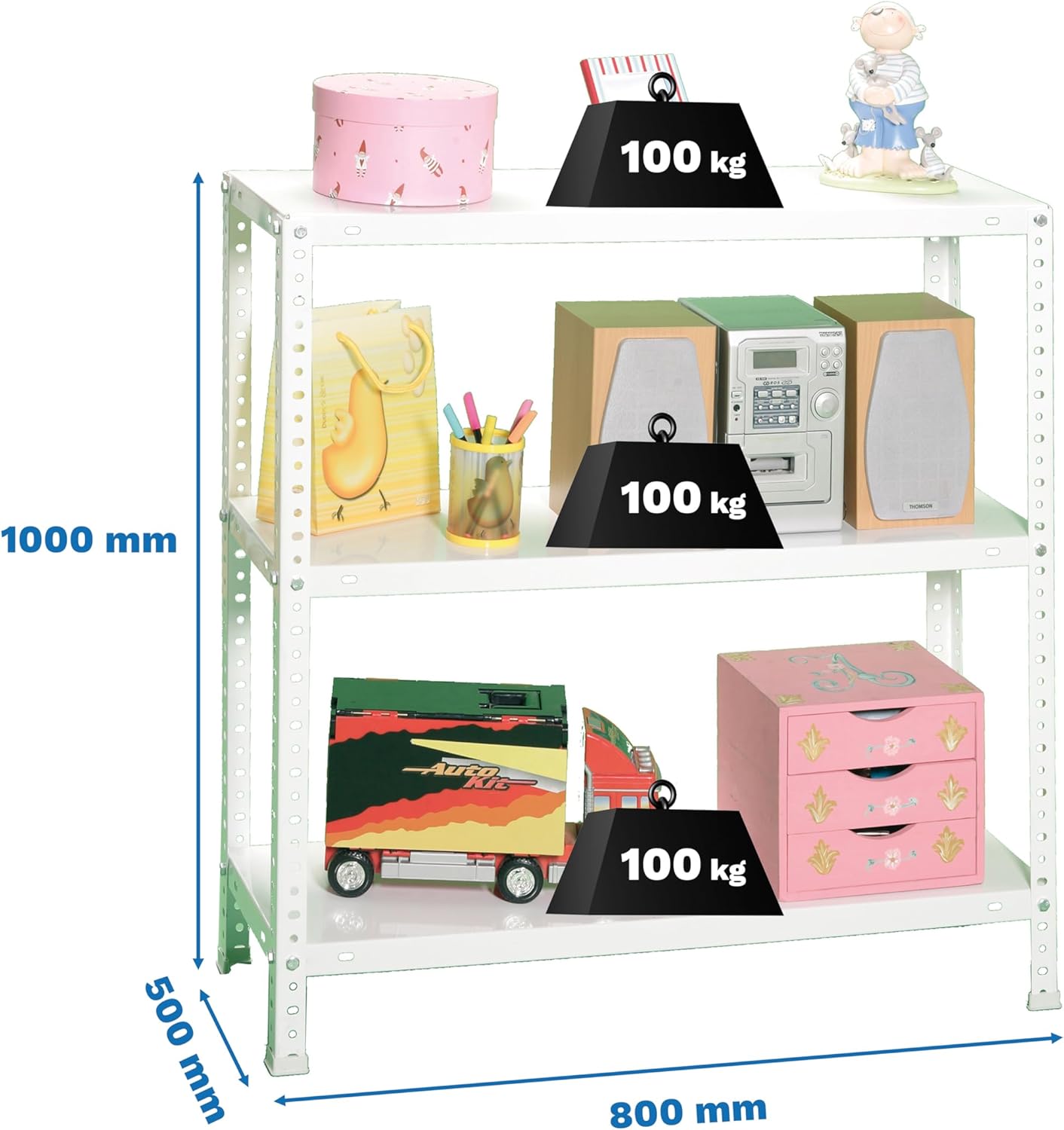 SimonRack Metal Shelf 3 Adjustable Shelves, 100 kg Flex Point, 1000 x 800 x 500 mm, with Screws, Shelving Storage, White - Comfort
