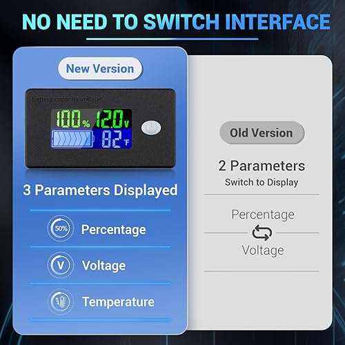 Vista 3 de DROK Monitor de batería RV de 12 V, pantalla LCD, medidor de batería para carrito de golf, medidor de voltaje de automóvil, medidor de temperatura