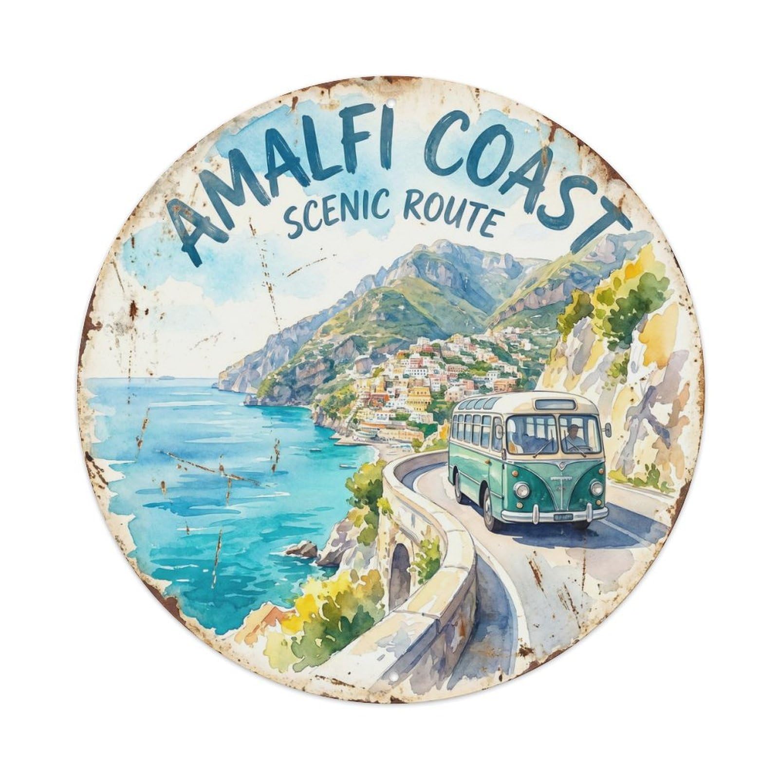 Vintage Travel Coastal Bus Italy Metal Tin Sign Plaque Wall Decor for Cafe, Club, Garden Round Metal Poster 8x8Inch