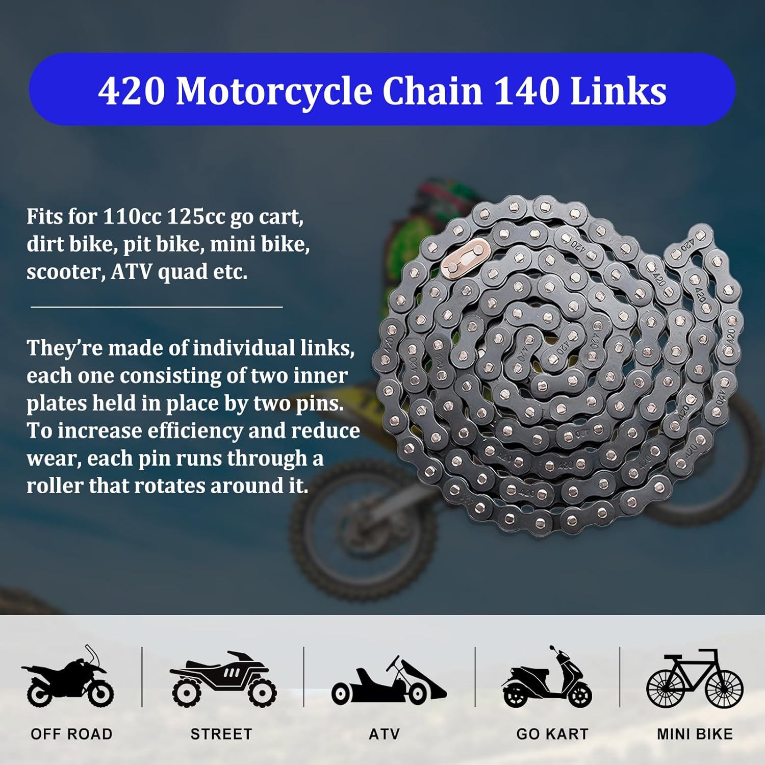 420 Motorcycle Chain 140 Links - 420 Standard Roller Chain for 110cc 125cc Go Kart Dirt Pit Bike ATV Quad Scooter Mini Bike, Free Chain Breaker Included - Image 5