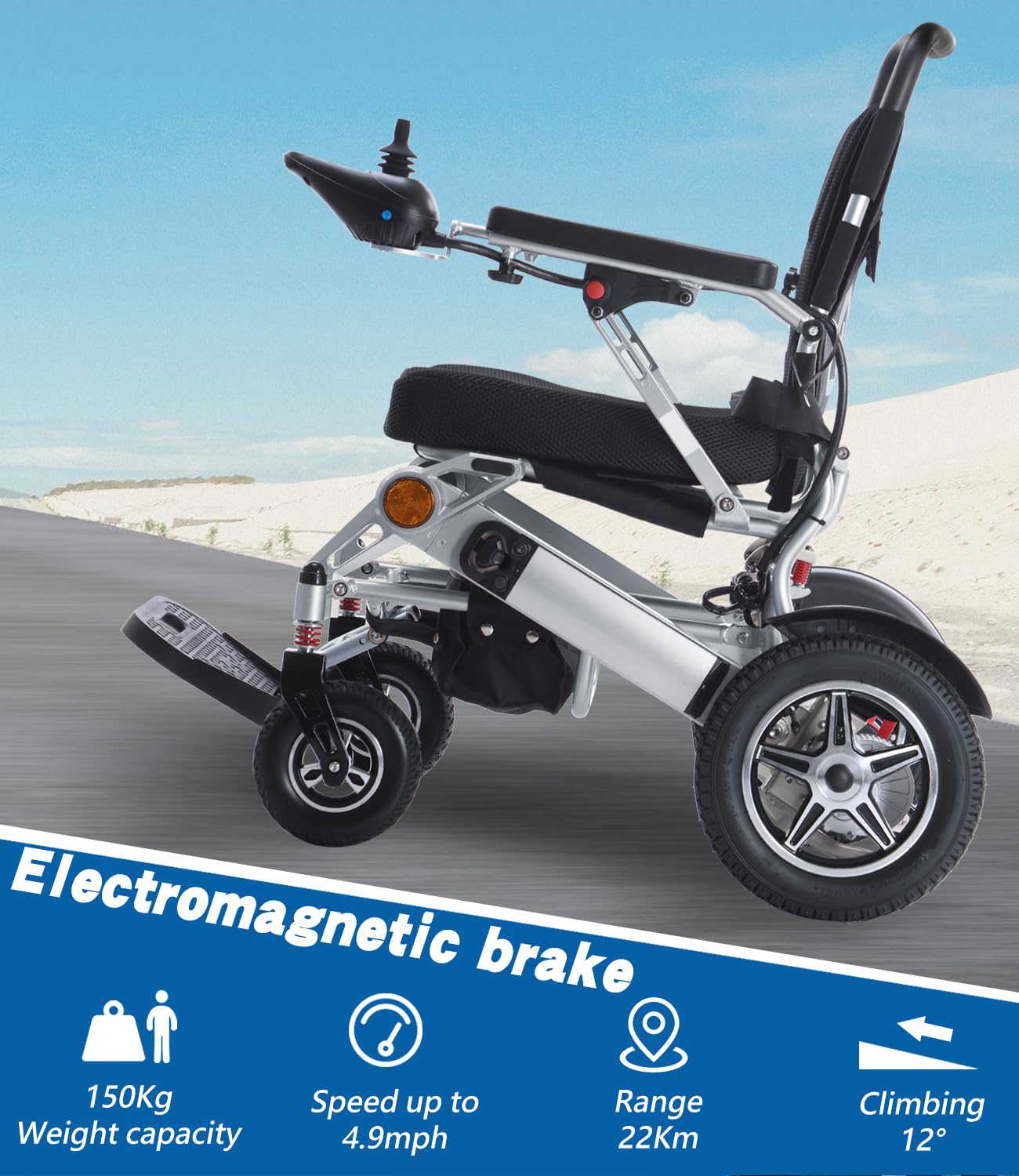 Silla de Ruedas eléctrica Ligera para Adultos, Plegable, motorizada, con autonomía de 30 km, soporta hasta 150 kg, portátil y alimentada por batería de Litio.