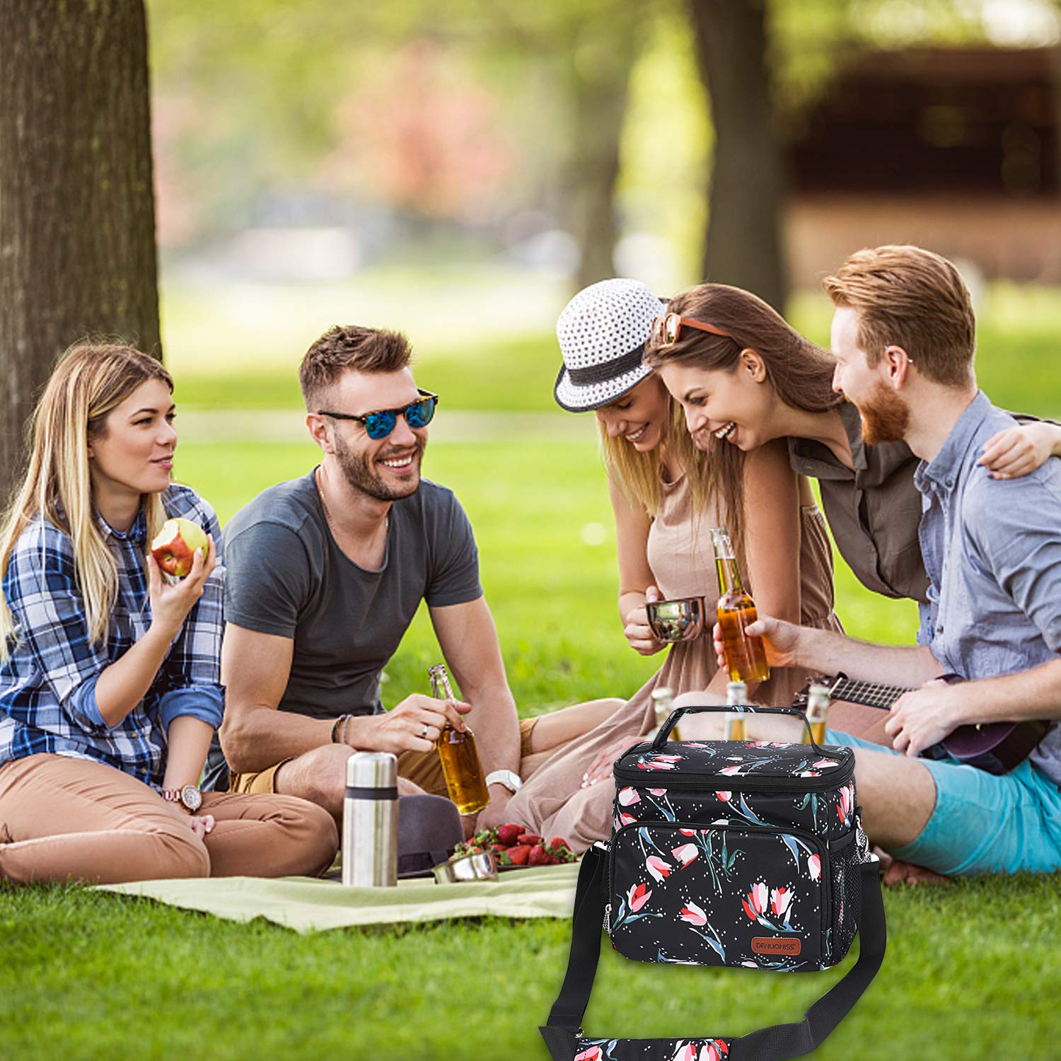 FANDARE Moda Borsa Termica Isolante Pranzo al Sacco Borsa da Picnic Borsa frigo Acquisti Auto Borsa a tracolla per Campeggio Nautica Spiaggia Pesca Scuola Lavoro Lunch Bag Poliestere Nero C