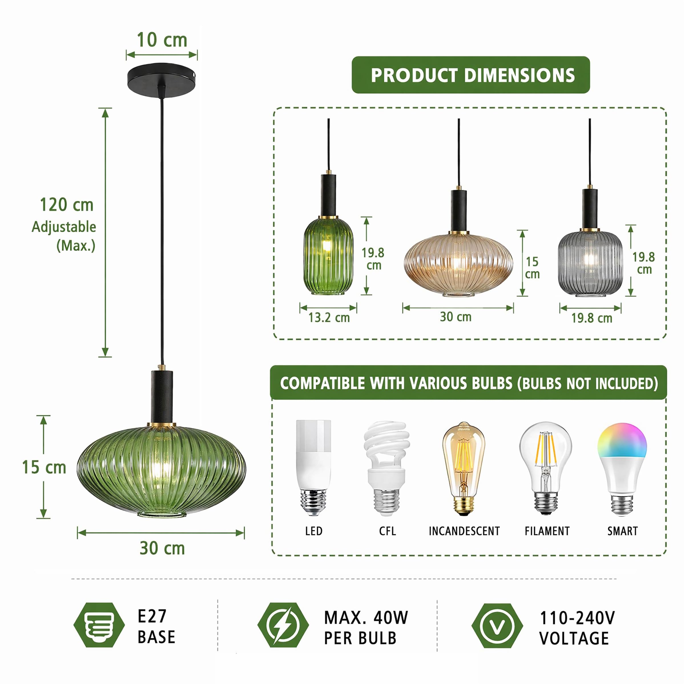 EKSED Lámpara Colgante Moderna de Vidrio Estriado con Casquillo E27, Lámpara de Techo para Isla de Cocina, Comedor y Dormitorio (Verde, 30cm)