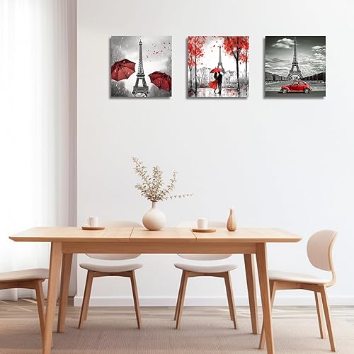 Miniatura 2 de LZIMU París - Lienzo decorativo para pared, 3 piezas, pareja negra y roja con paraguas, coche, Torre Eiffel, pintura al óleo, imagen romántica,