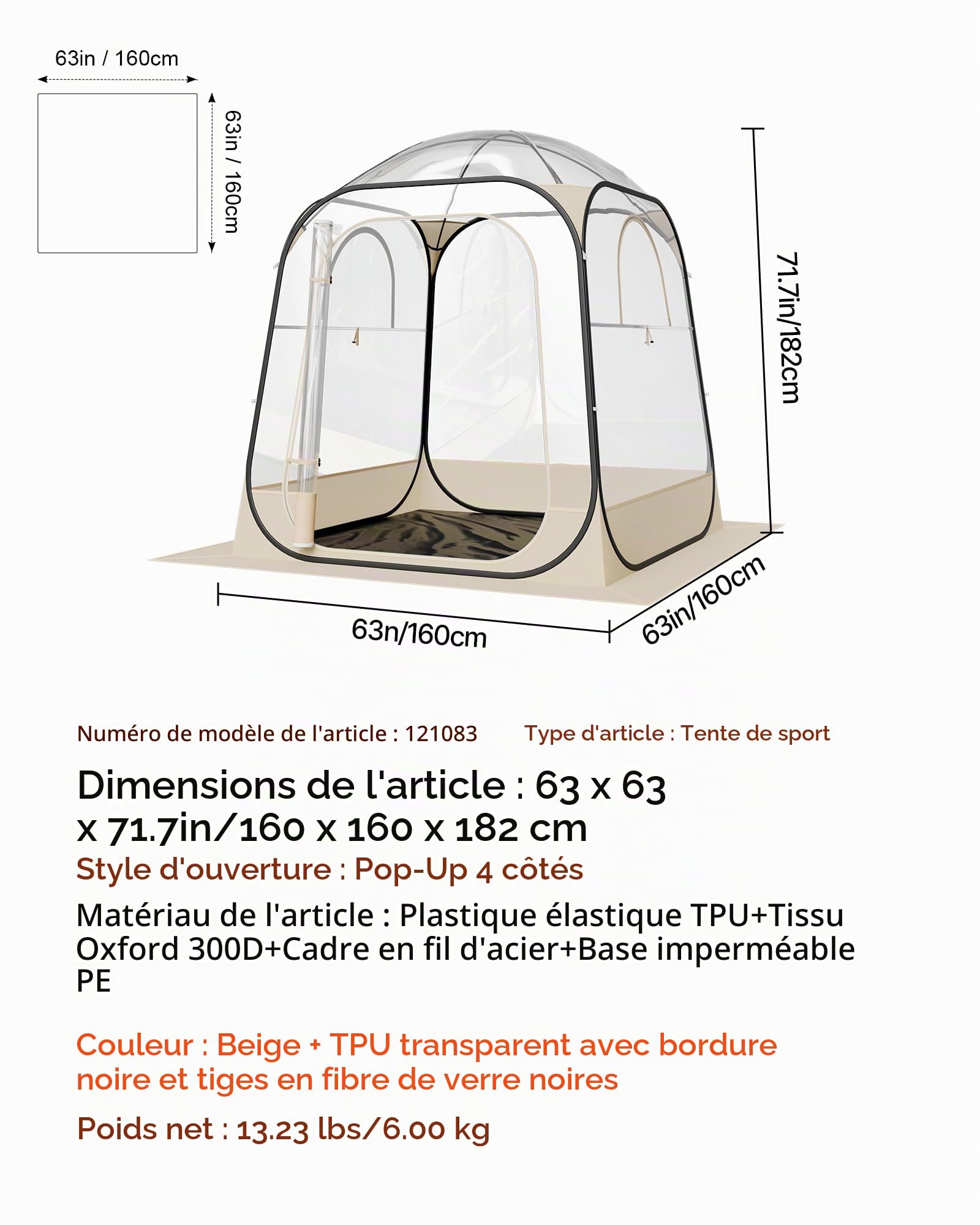 VEVOR Tente de Sport Transparente 160 x 160 cm Tente à Bulle Pop Up pour 2-4 Personnes, Abri d'Extérieur Vue Dégagée, avec Tapis de Sol, Couverture Supérieure, pour Événement Sportif, Pêche Plein Air