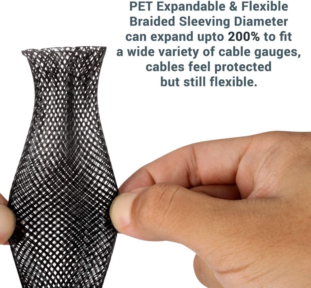 A hand demonstrating the expandability of the braided cable sleeve.