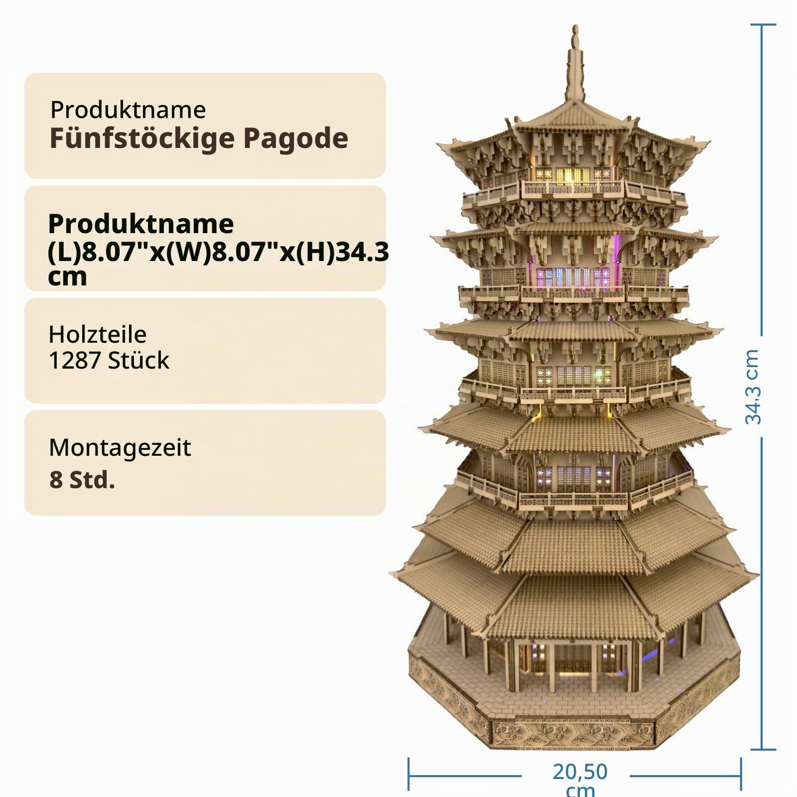 3D-Holzpuzzles für Erwachsene, Holzpagode, Modellbausätze, 3D-Puzzle, Erwachsene, Bauhandwerk für Erwachsene und 14+ Jugendliche. (fünfstöckige Pagode, 1287 Teile)