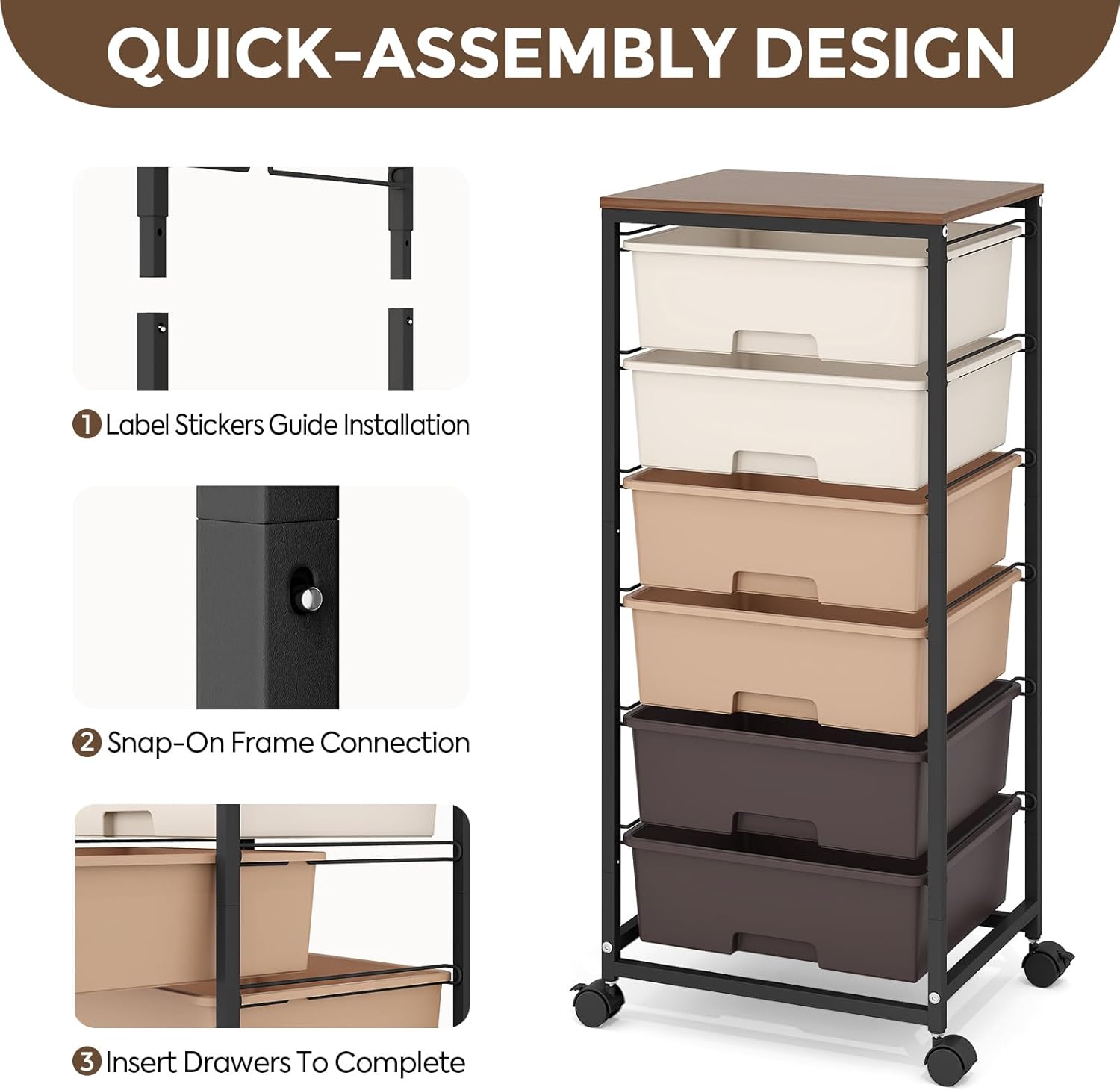 Rolling Storage Cart with 6 Drawers and Wooden Tabletop, Lockable Wheels Utility Cart for Art Studios, Office Supplies & Craft Room Organization (Brown)