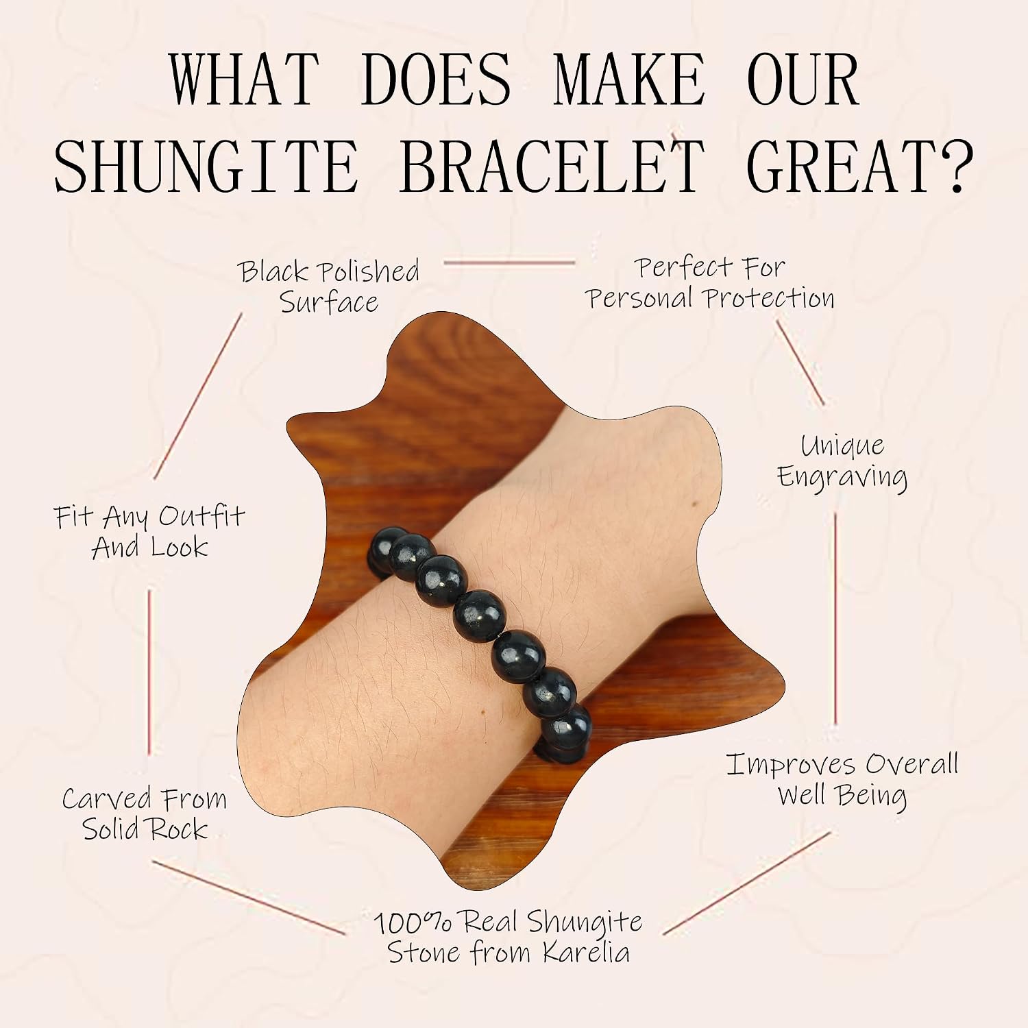 Shungite Bracelet - Natural Black Shungite Stone Beads, Healing Crystal Energy Protection, Handcrafted Jewelry