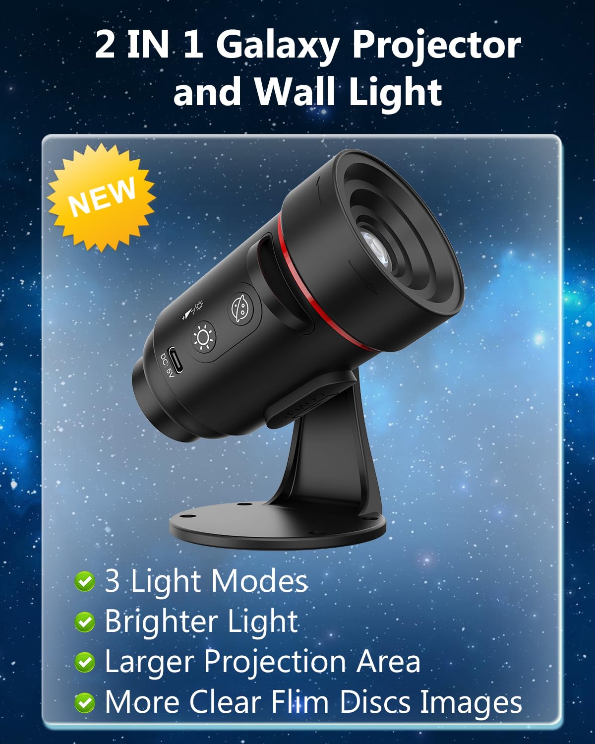 Upgraded Galaxy Projector with Wall Lamp, 7PCS HD Film Discs Night Light for Kids Brighter and Wider Projection Wall Light - Image 2