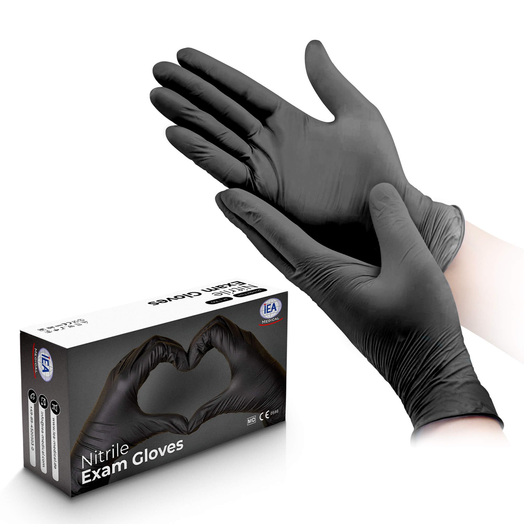IEA Medical Guantes de nitrilo negros, 1000 unidades (caja de cartón de 10 x 100 unidades), guantes desechables L, guantes de nitrilo, guantes desechables sin polvo, guantes de goma sin látex