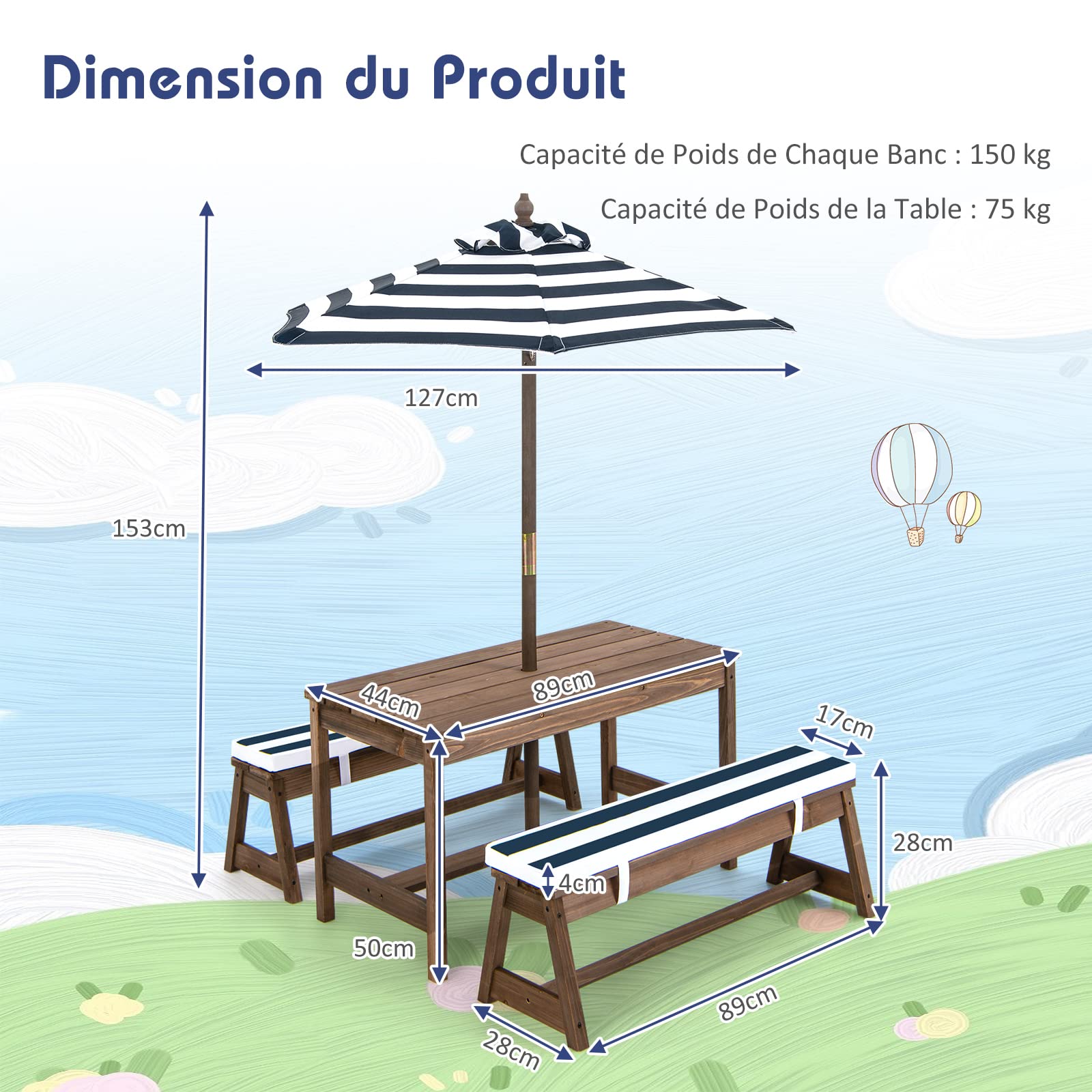 GOPLUS Table Enfant Extérieur avec Banc, Table Pique-Nique Enfant en Bois avec Parasol Hauteur Réglable, Salon de Jardin pour 1-4 Enfants, pour Terrasse, Patio, Balcon (Bleu)