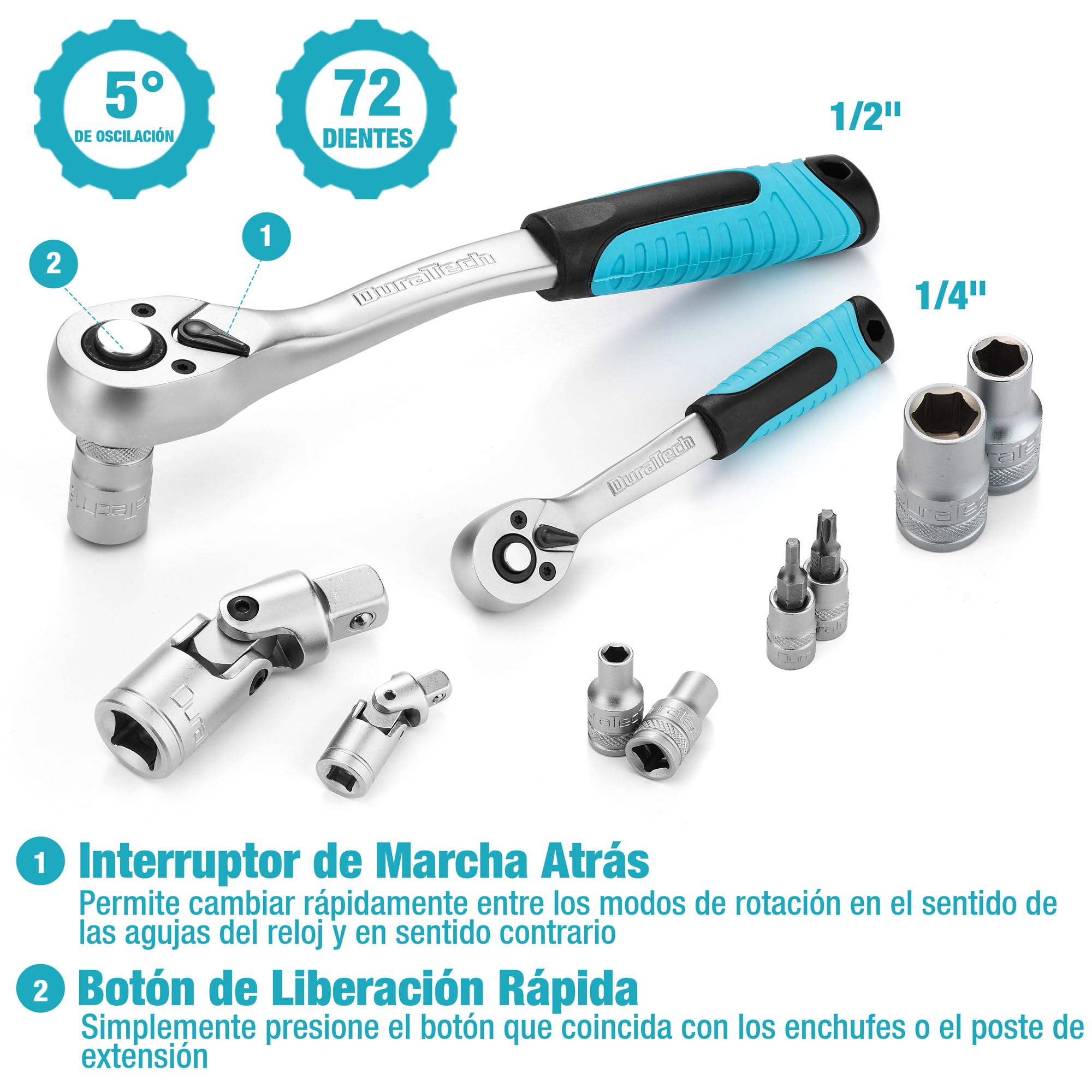 DURATECH Juego de Llaves de Vaso de 108 Piezas, 1/2" y 1/4" | Carraca de 72 Dientes de Acero Cr-V con Caja, Destornillador y Puntas para Reparación Mecánica