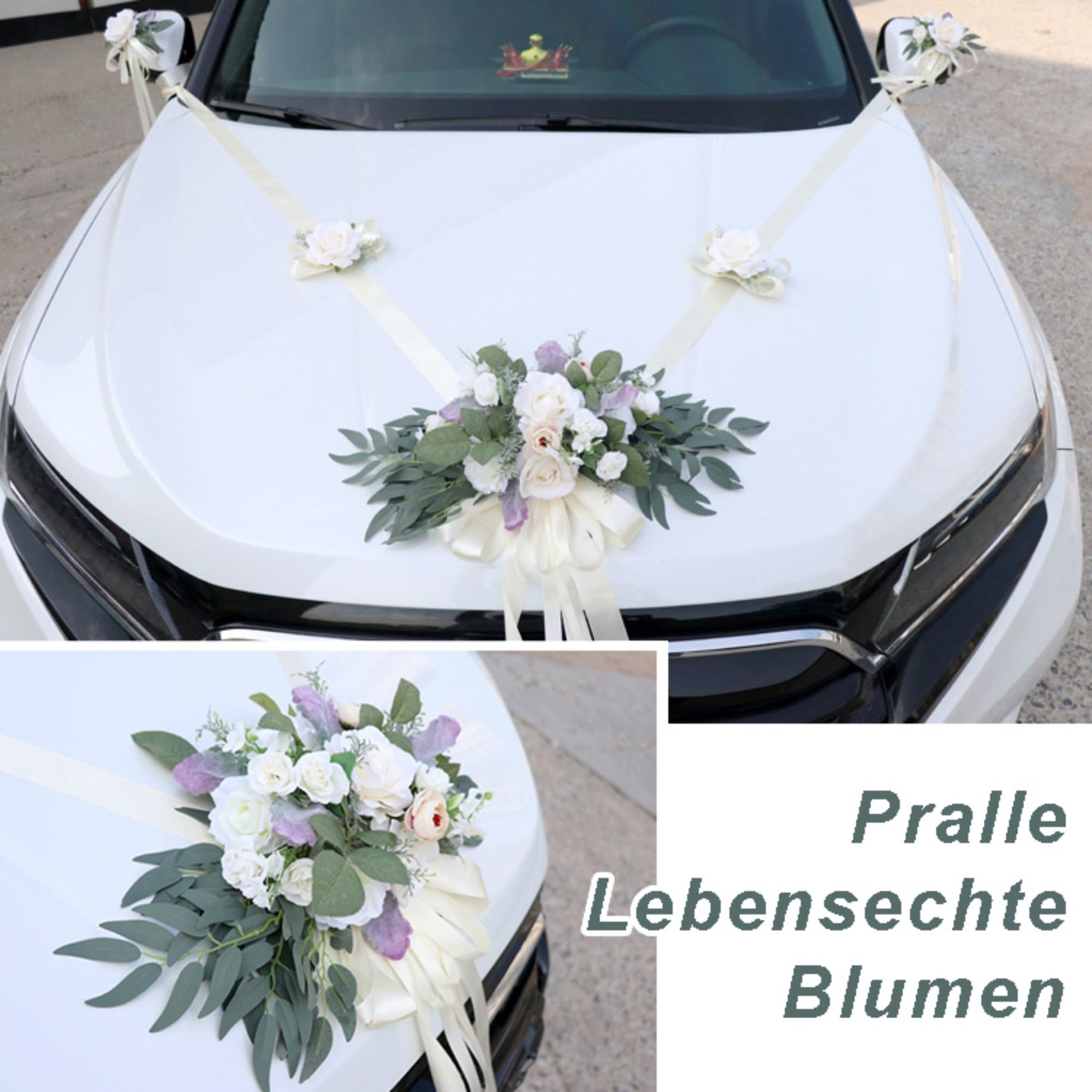 10 Stück Autoschmuck Hochzeit, Auto Hochzeitsschmuck mit Saugnapf, Weiß Auto Verschönert Rückspiegel Türgriff Motorhaube Hochzeitsdeko für Brautauto
