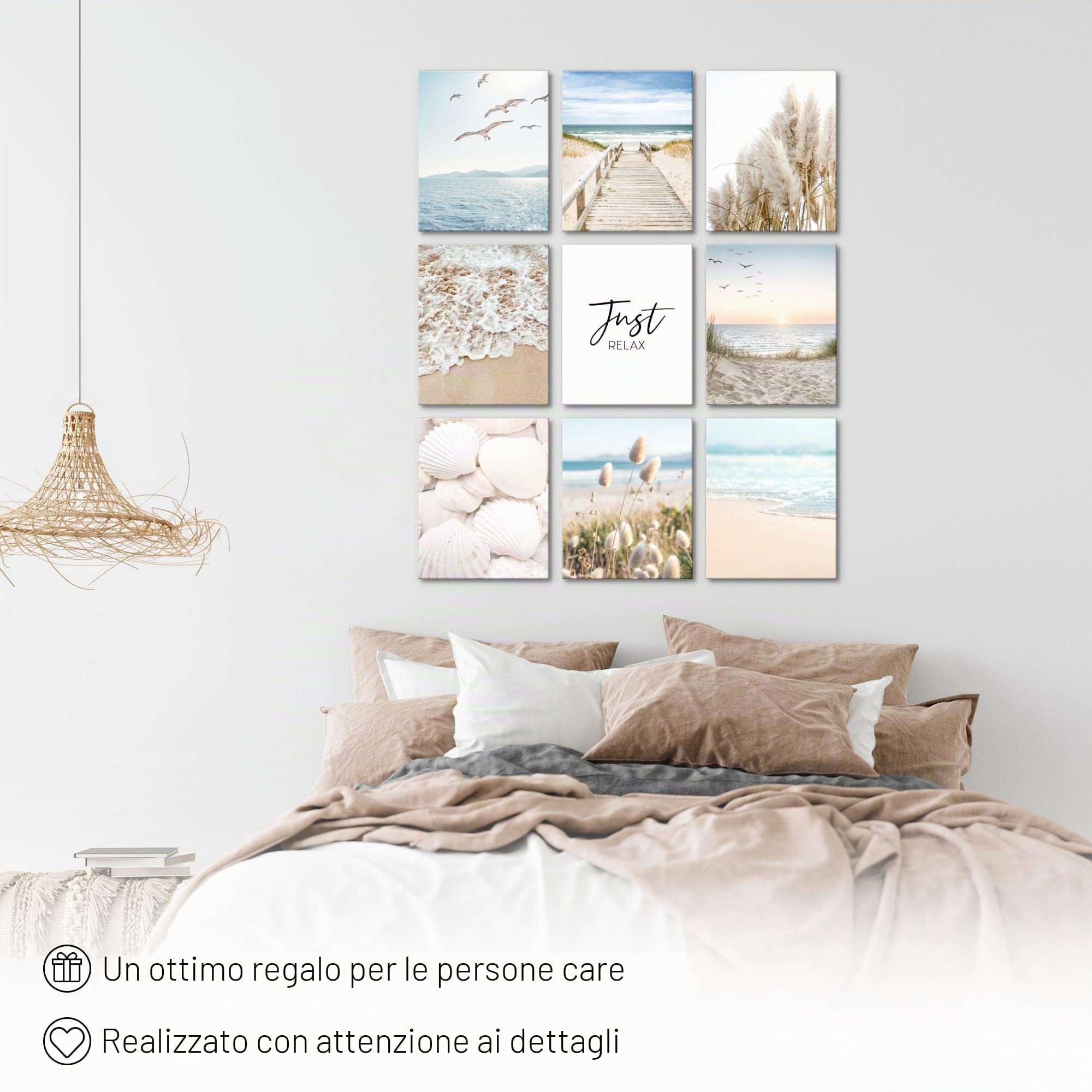 Novart Quadros - Completamente Pronto Da Appendere - Immagini - Spiaggia Mare - 9 Pezzi Set Moderni - N026091a