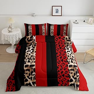 Leopard Print Kids Comforter Set Queen Size,Cheetah Skin Fashion Bedding Set,Girls Boys Adults Room Decor,Geometric Stripes Patchwork Down Comforter,Red Black Brown Duvet Insert,2 Pillowcases
