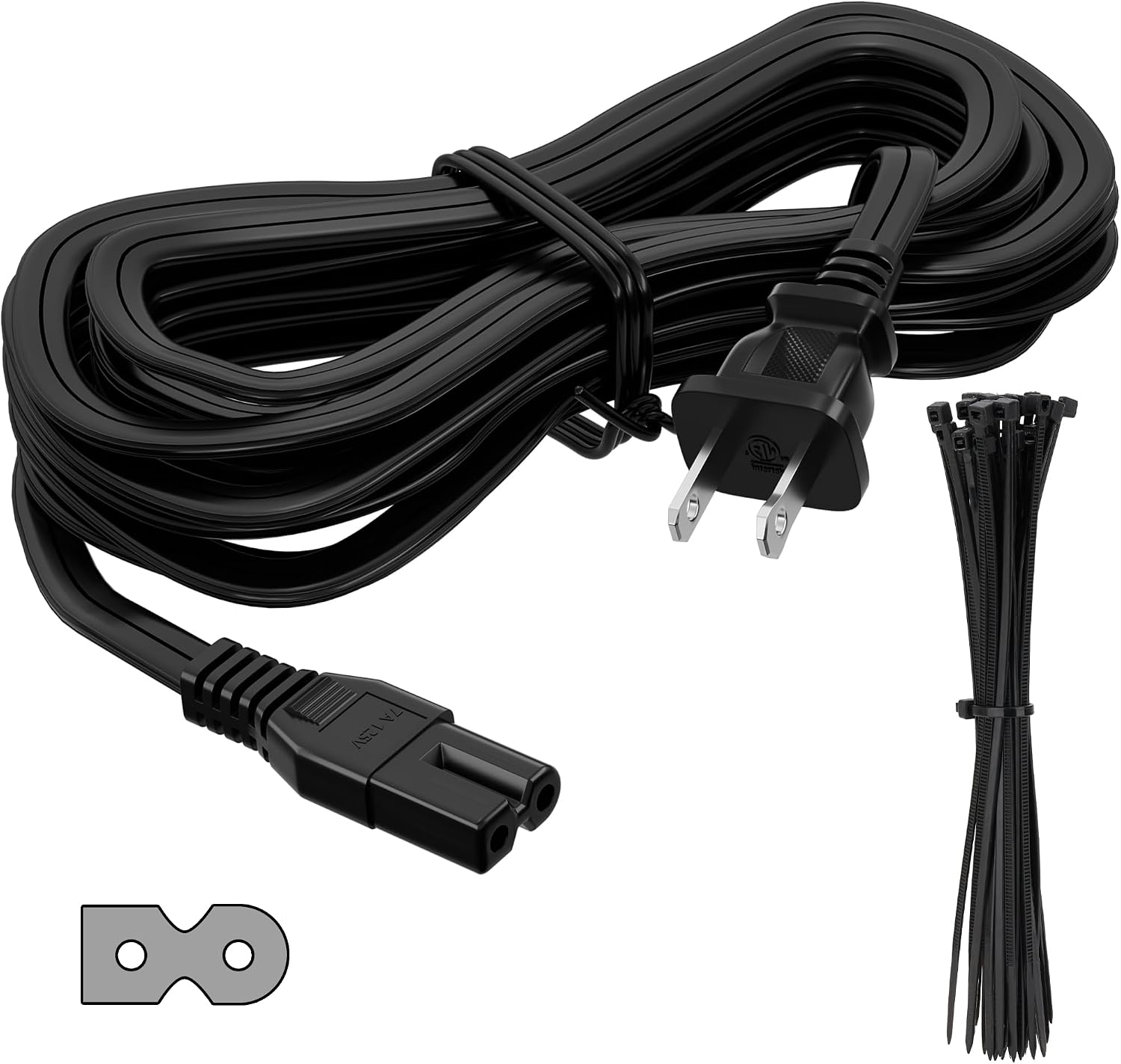 2 Prong AC Power Cord 15 FT, Polarized Cable for Vizio D-E-M-Series HDTV, LED LCD TV, 7A, IEC-60320 IEC320 C7 to NEMA 1-15P, 2 Slot Adapter Universal Replacement Supply Wall Cable with 25 Ties