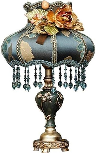 Victorian Resin Table Lamp Classical Retro Table Light Embroidery Lace Lampshade Bedroom Bedside Lamp Living Room Home Decoration (Color : Blue)