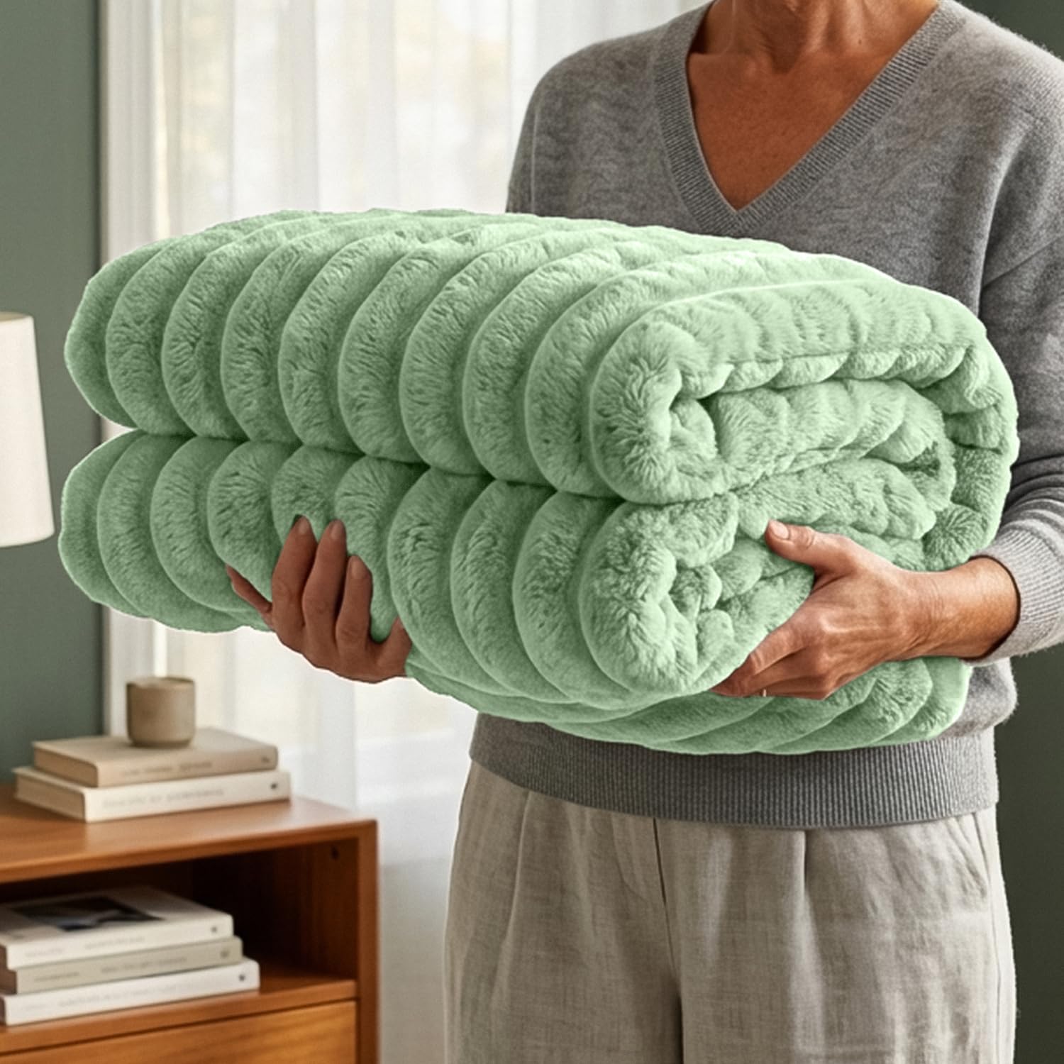 Casabella Throw Blanket - Ribbed Fleece Blanket - Soft Fluffy, Warm & Cosy Sofa Throw - Large Fleece Blanket for Sofa Bed, Couch, Bedding - King Size 200x240 - Green