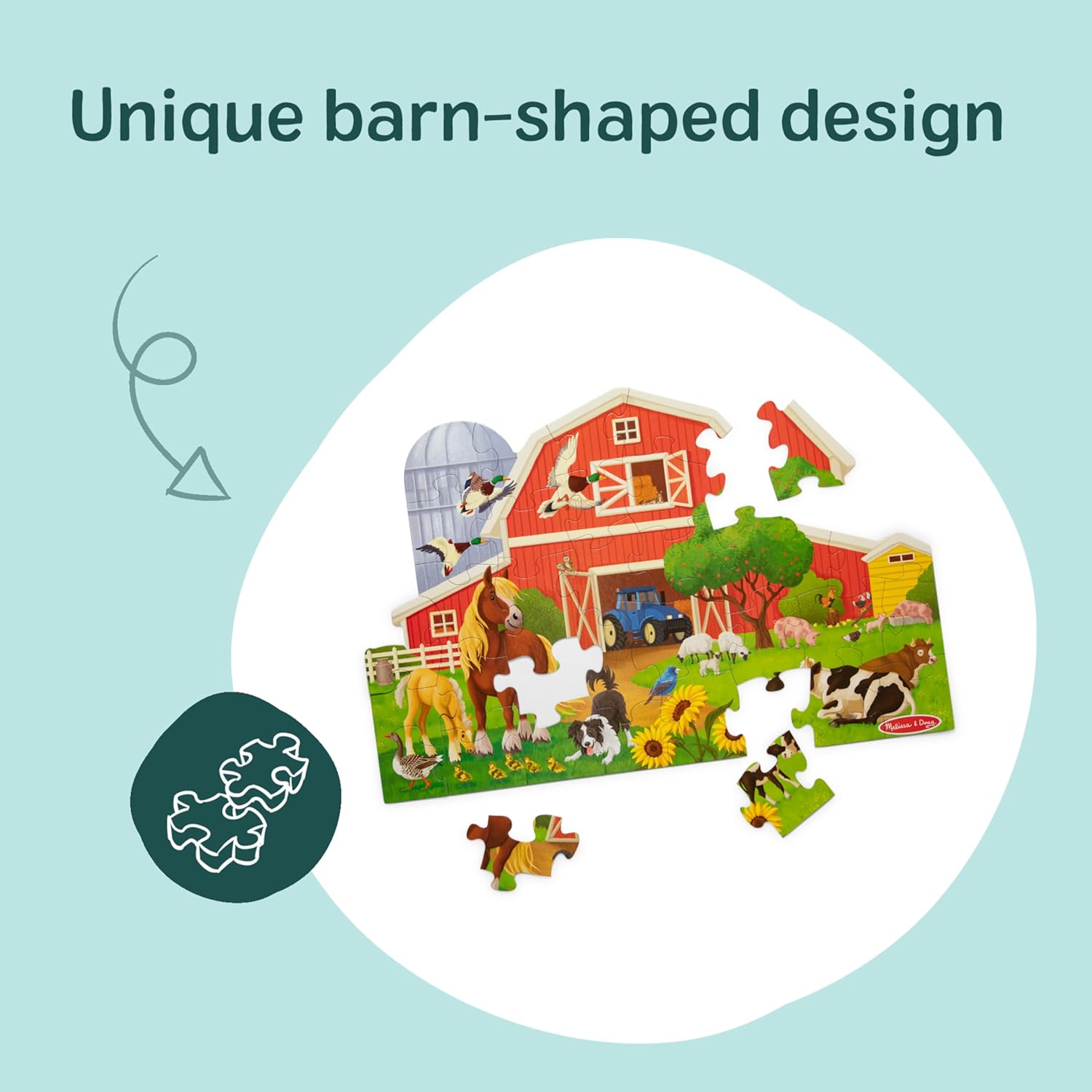Melissa & Doug Busy Barn Shaped Jumbo Floor Puzzle, 32-Piece Barn-Shaped Jigsaw Puzzle with Farm Animals, 3 x 2 Foot Toddler Puzzles for Kids Ages 3+