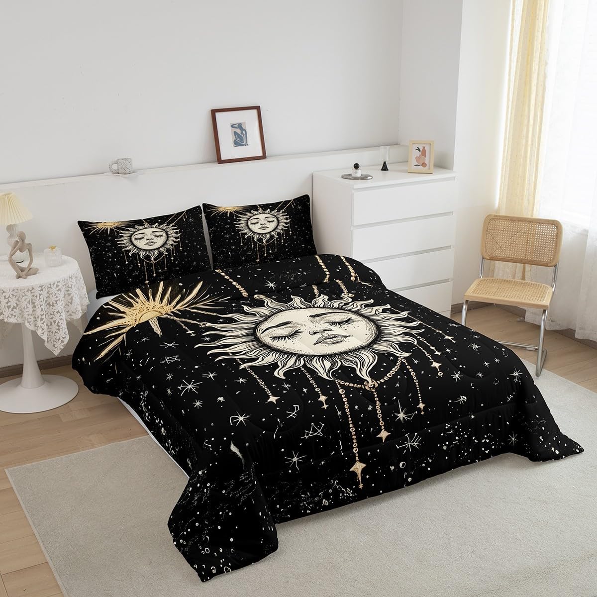 Feelyou Boho Star Moon Sun Comforter Set Queen Size for Kids Teens Youth Room Decor Sun and Moon Bedding Comforter Constellation Soft Polyester Quilt Set with 1 Comforter and 2 Pillow