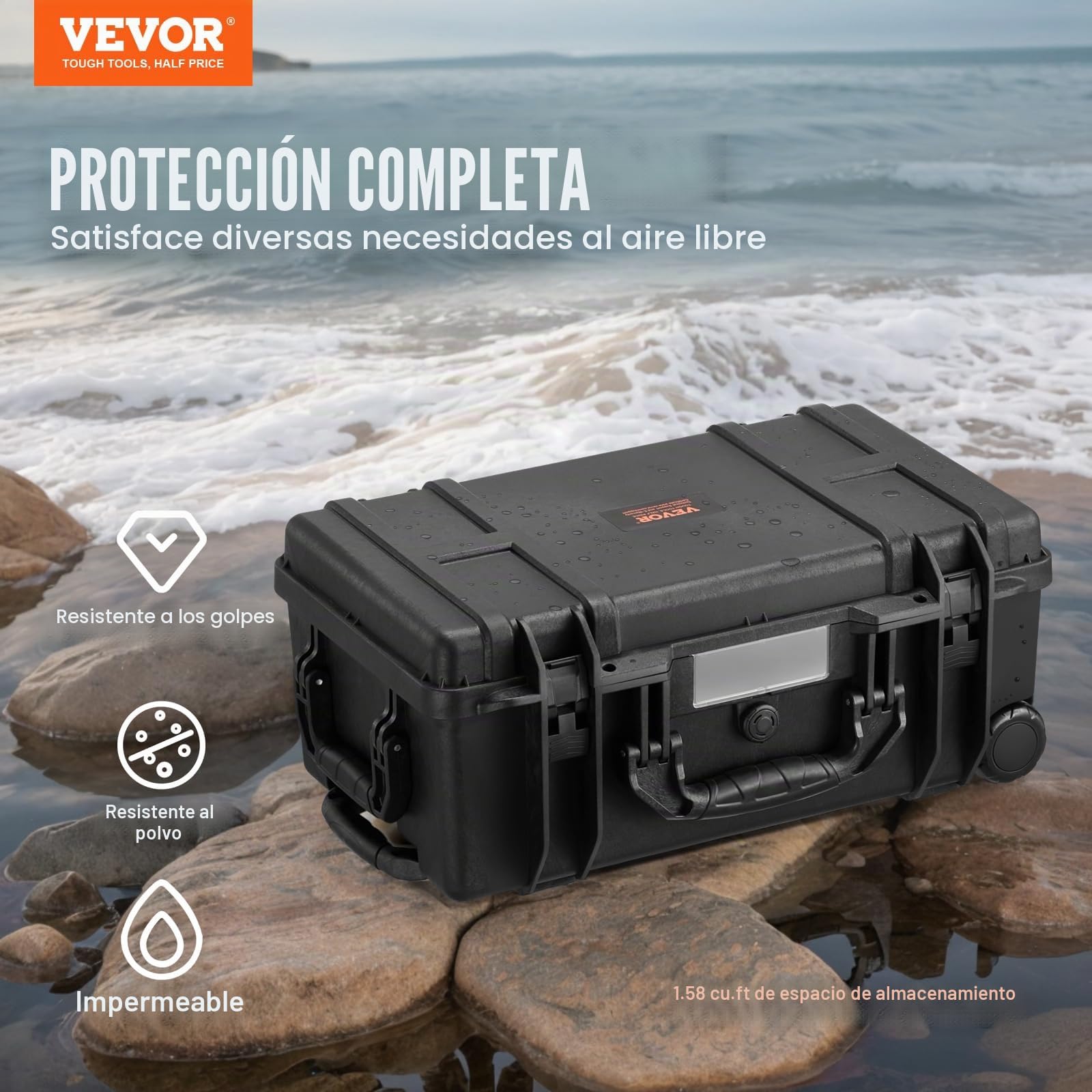 VEVOR Estuche Rígido Resistente a la Intemperie de 550 x 340 x 240 mm, Estuche Resistente con Espuma Precortada, Ruedas y Asas Retráctiles para Viajes, Caza, Uso Militar, Táctico, Impermeable IP67