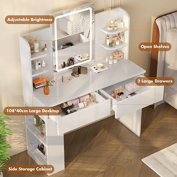 Devoko Dressing Table with LED Mirror,3 Light Colors,Adjustable Brightness,Vanity Table,108x40x136cm,Makeup Desk with 2 Drawers and 4 Storage Shelves,Modern White