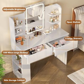 Devoko Dressing Table with LED Mirror,3 Light Colors,Adjustable Brightness,Vanity Table,108x40x136cm,Makeup Desk with 2 Drawers and 4 Storage Shelves,Modern White