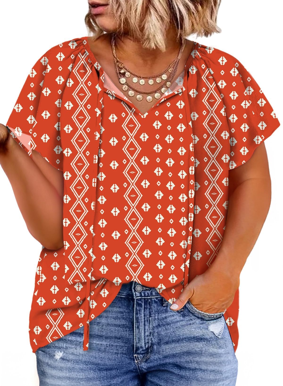 Eytino Women Plus Size Tops Boho Printed V Neck Short Sleeve Drawstring Casual Chiffon Shirts Blouse(1X-5X)