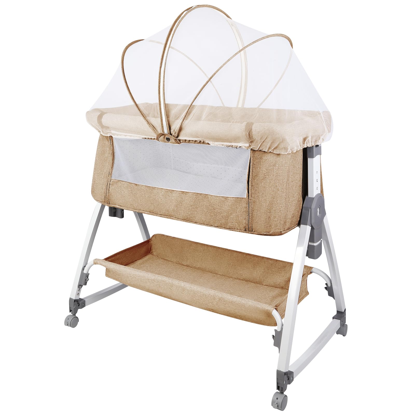 HUOLE Cuna 3 en 1 hasta 30 kg, Cuna de colecho, Cuna Mecedora, Ajuste de Altura e inclinación del colchón, 4 Ruedas con Freno, Colchón Ergonómico, Bolsa-80 * 40 * 100-115cm-blanquecino