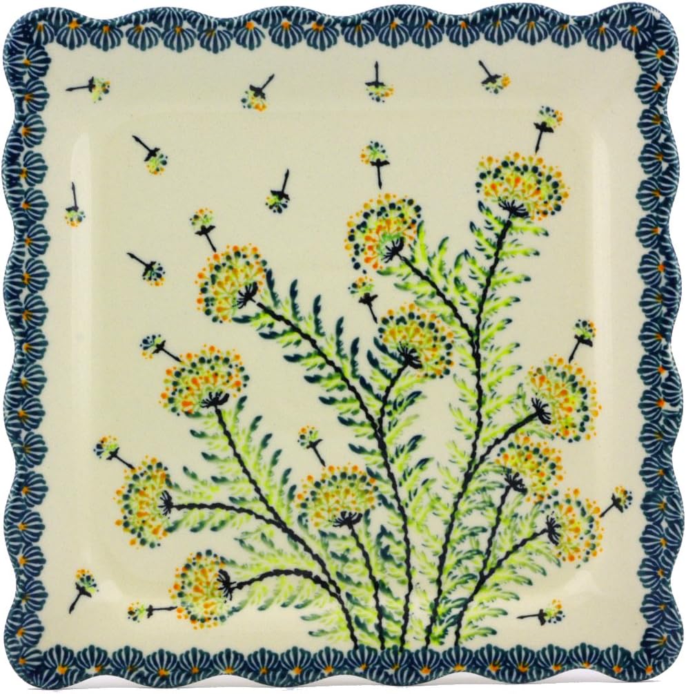 Polmedia Polish Pottery Platter 9-inch - Yellow Dandelions Pattern Handmade in Boleslawiec Poland + Certificate of Authenticity