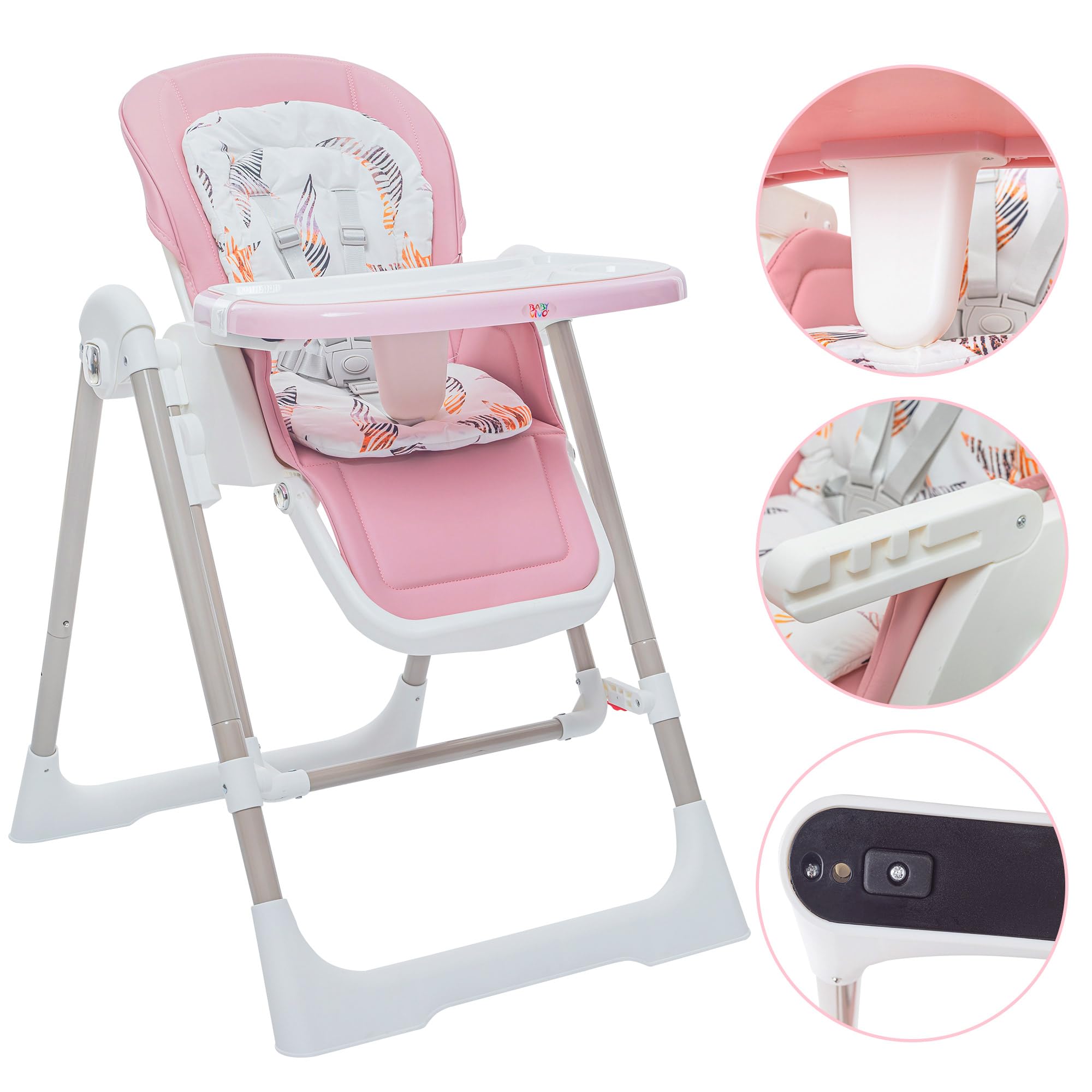Baby Vivo Chaise Haute pour Enfants 3in1 Transat Réglable avec Repose-Pieds - Chaise Haute Bébé Combinée Chaise Balançoire Dossier Réglable Plateau Amovible - Lulu en Rose