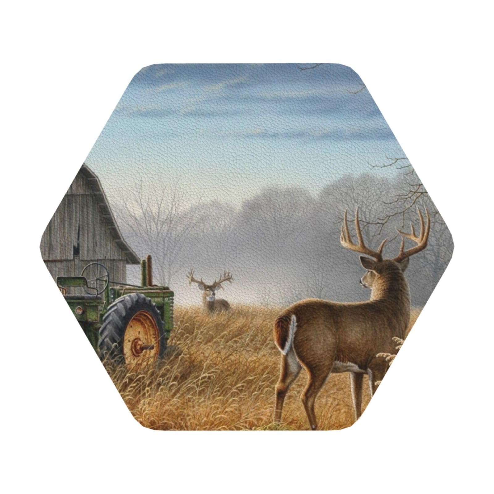 Farm with deer PU Leather Coasters Set of 6 Hexagon Drink Coasters