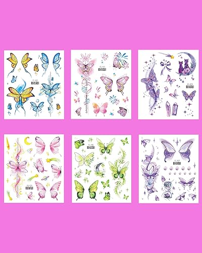 Miniatura 2 de Maquillaje de mariposa con purpurina para tatuajes temporales para ojos para mujeres y niñas, 6 hojas de mariposas coloridas, calcomanías de tatuaje